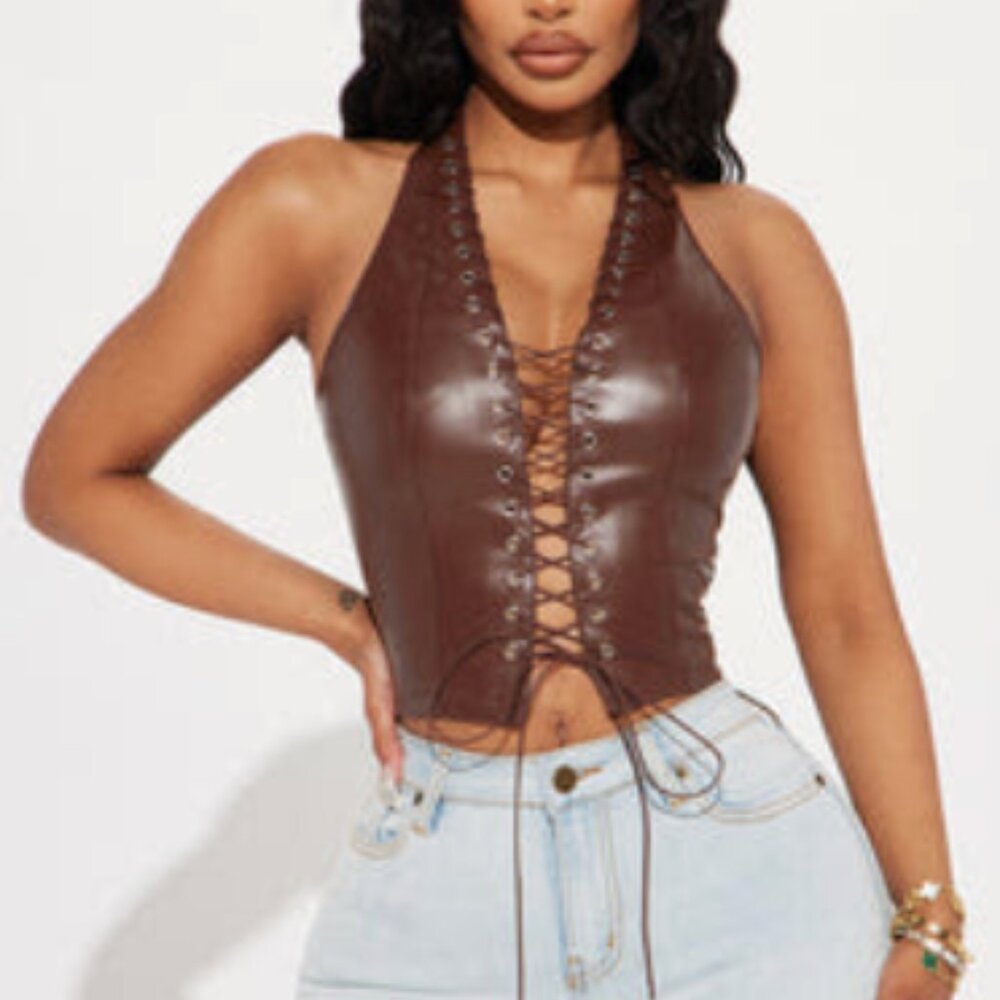 Up To No Good Lace Up Top - Brown- MEDIUM